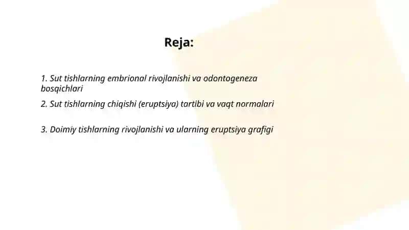 Tishlarni chiqishi ildizlarning shakllanishi va sut tishlar ildizlarining soʻrilish muddatlari 2