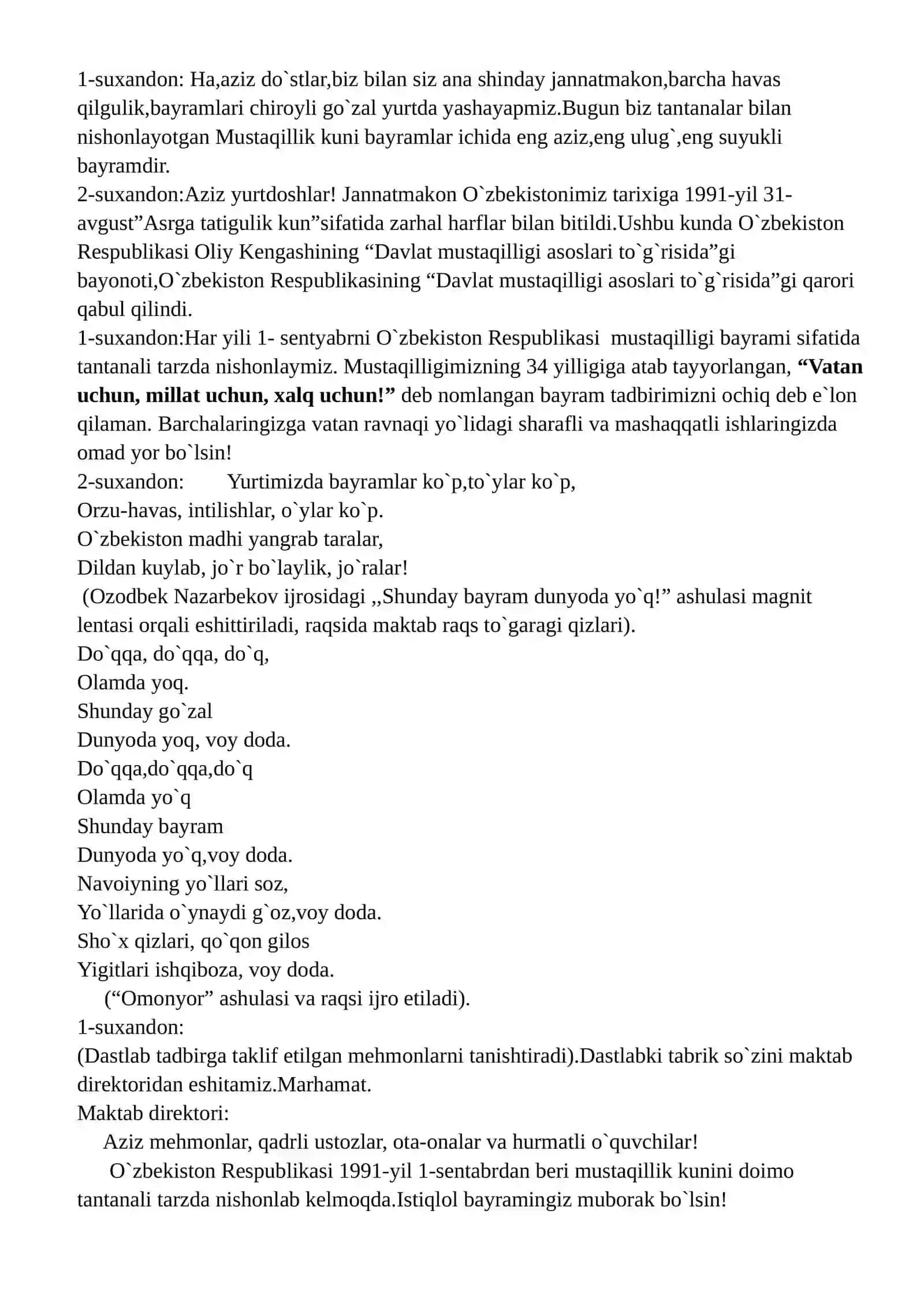 1-Sentyabr mustaqillik tadbir ssenariysi 2