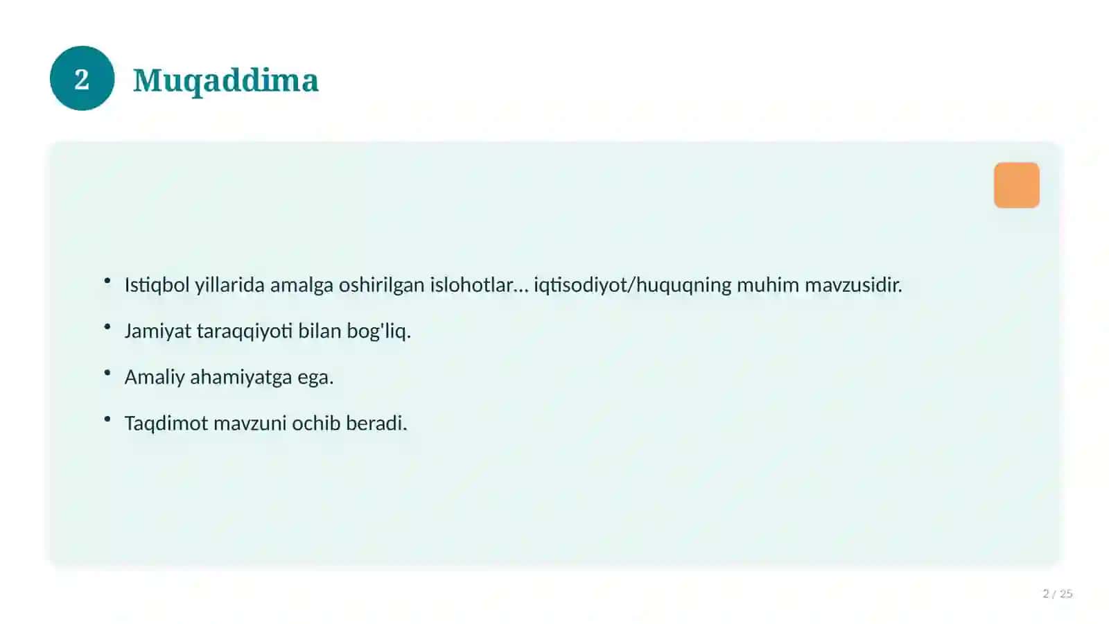 Istiqbol yillarida amalga oshirilgan islohotlar (siyosiy, iqtisodiy va ijtimoiy sohalarda) 2