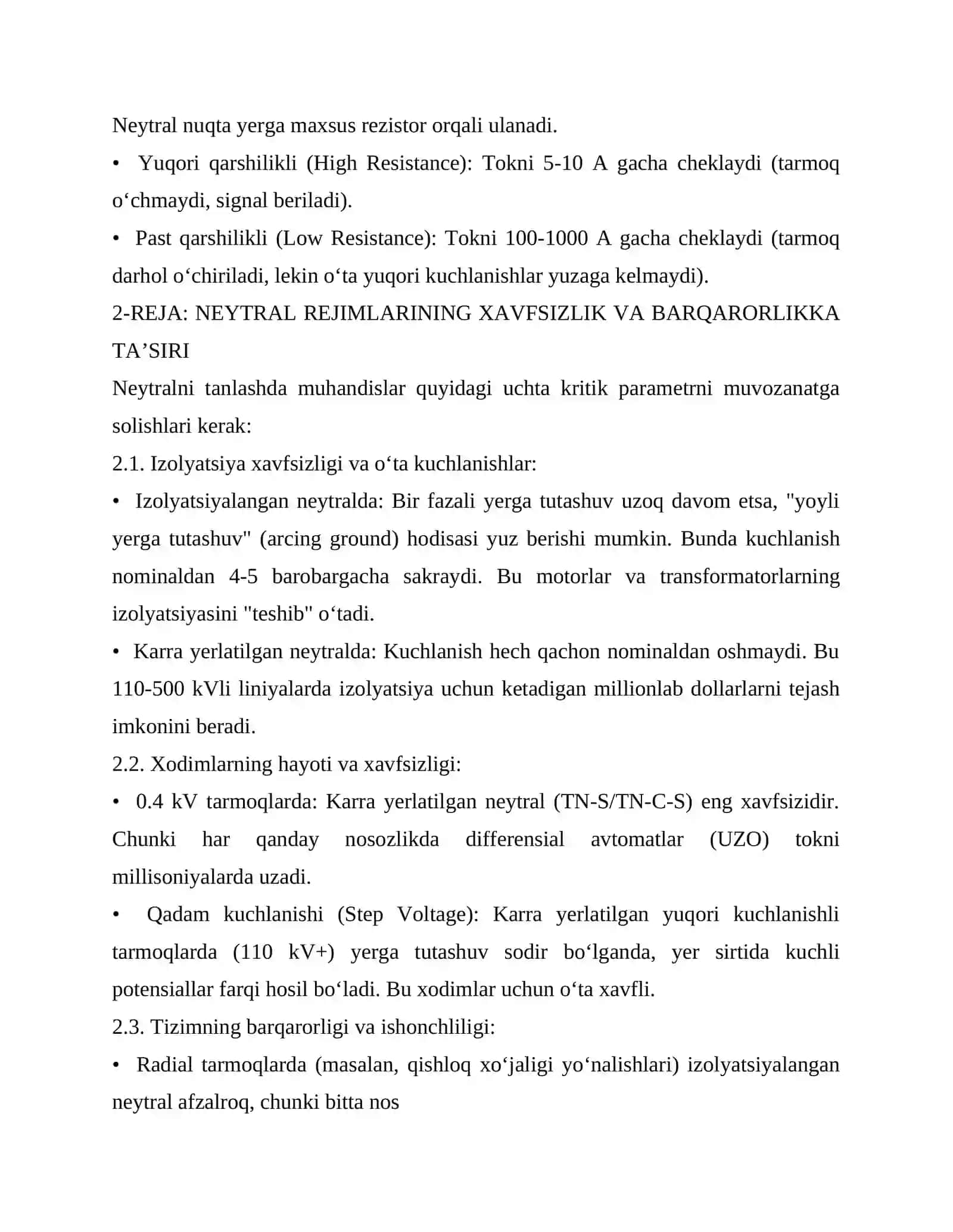 ELEKTR TARMOQLARINING NEYTRAL ISH REJIMLARI: NAZARIYA, TEXNIK TAHLIL VA AMALIYOT 2