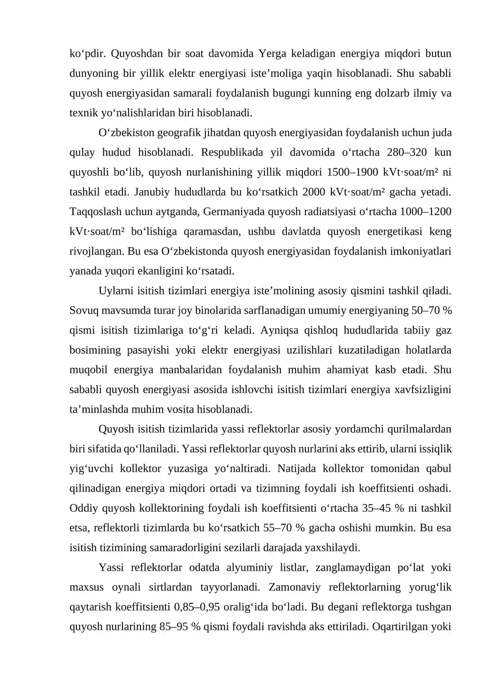 Quyosh energiyasidan foydalanib uylarni isitishda yassi reflektorlardan foydalanishning ahamiyati 2