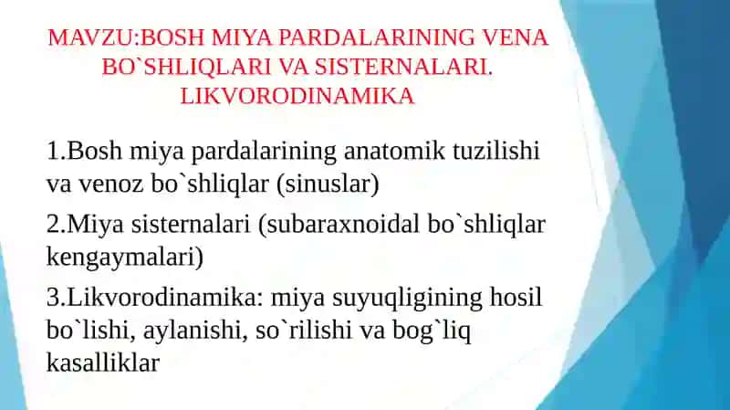 BOSH MIYA PARDALARINING VENA BO`SHLIQLARI VA SISTERNALARI. LIKVORODINAMIKA 2