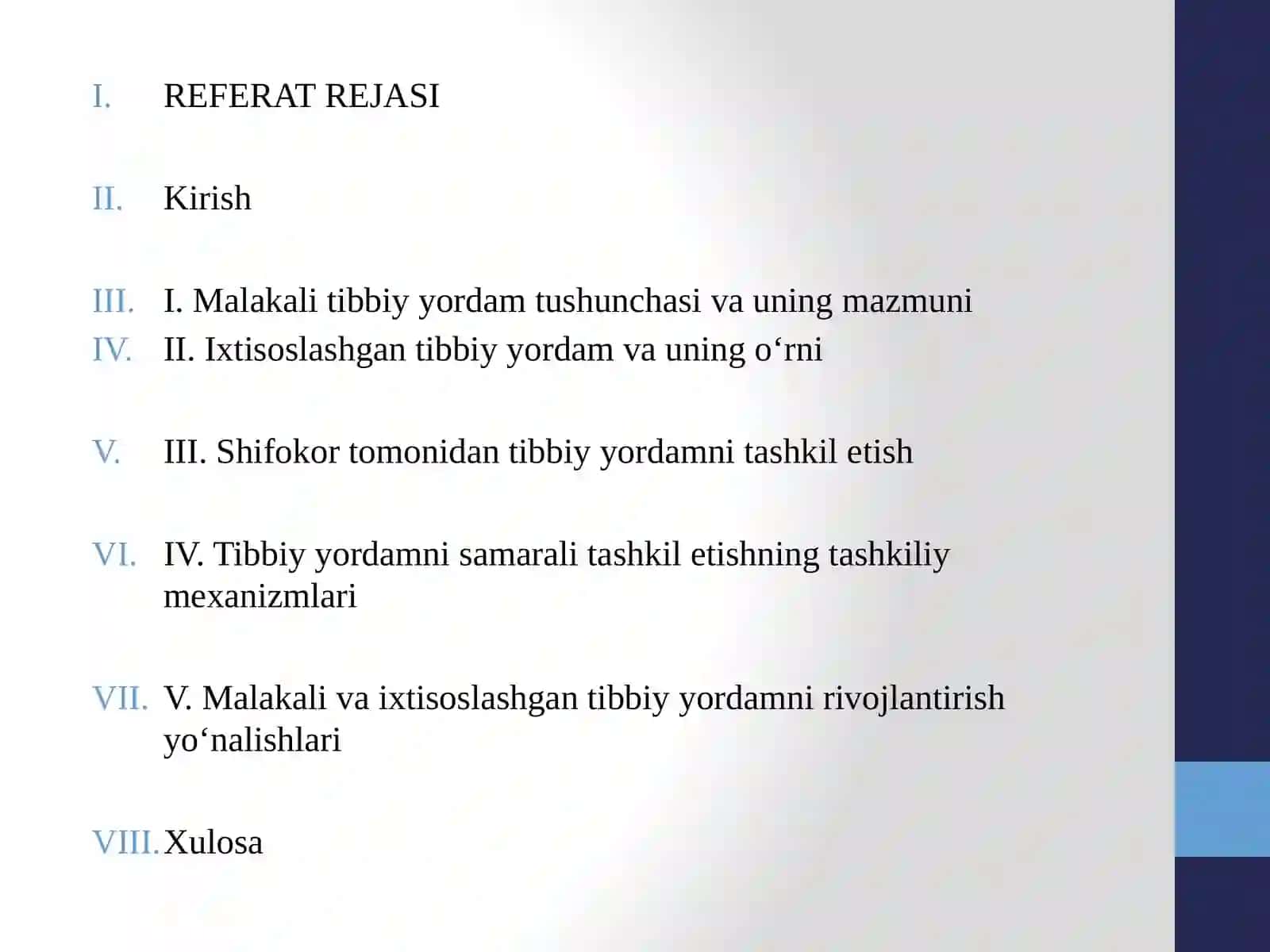 Malakali va ixtisoslashgan tibbiy yordam va shifokor tibbiy yordamni tashkil etish 2