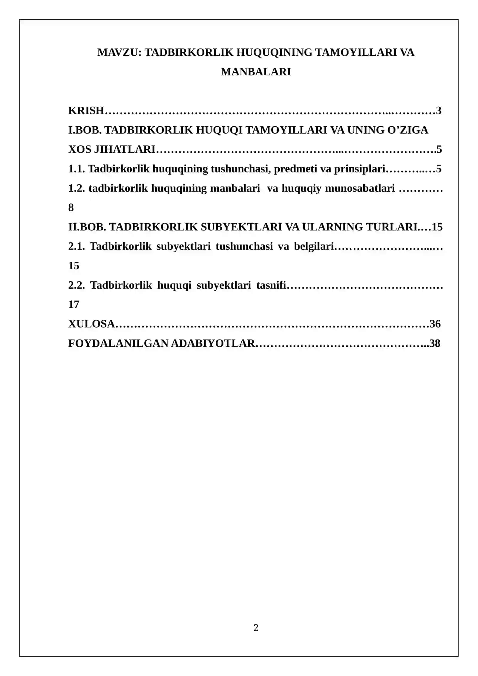 TADBIRKORLIK HUQUQINING TAMOYILLARI VA MANBALARI 2