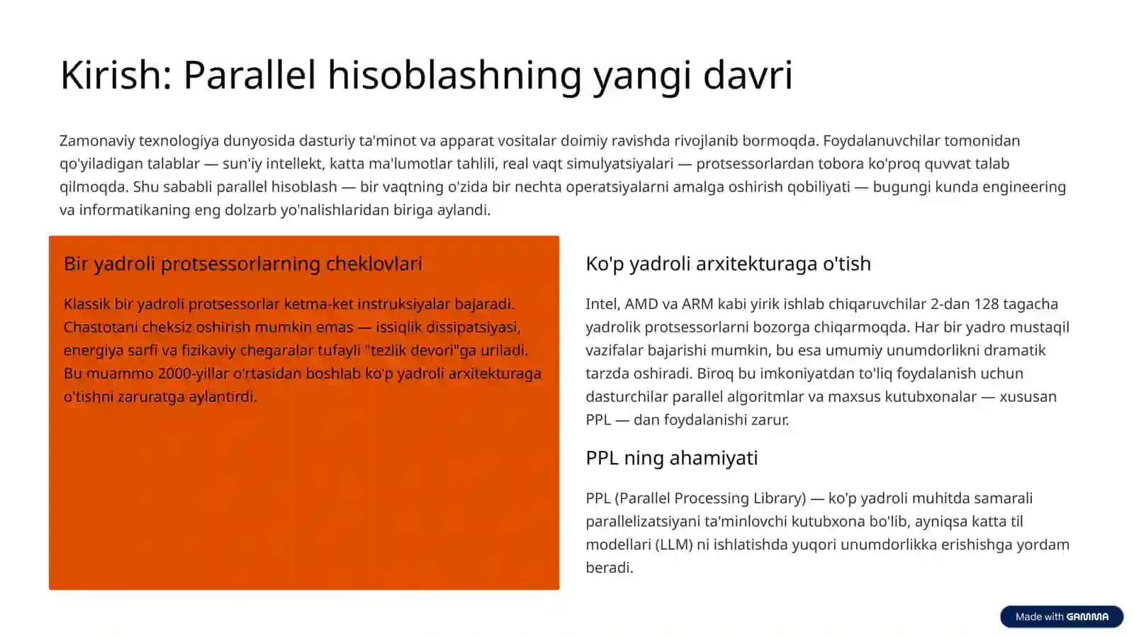 Zamonaviy ko'p-yadroli protsessorlarda PPL kutubxonasi yordamida parallellashtirish 2