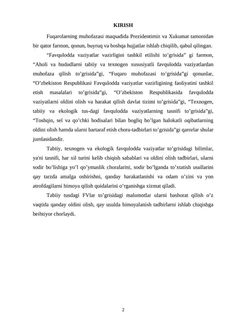 Tabiiy tusdagi favqulodda vaziyatlarda aholini muhofaza qilish tadbirlari 2