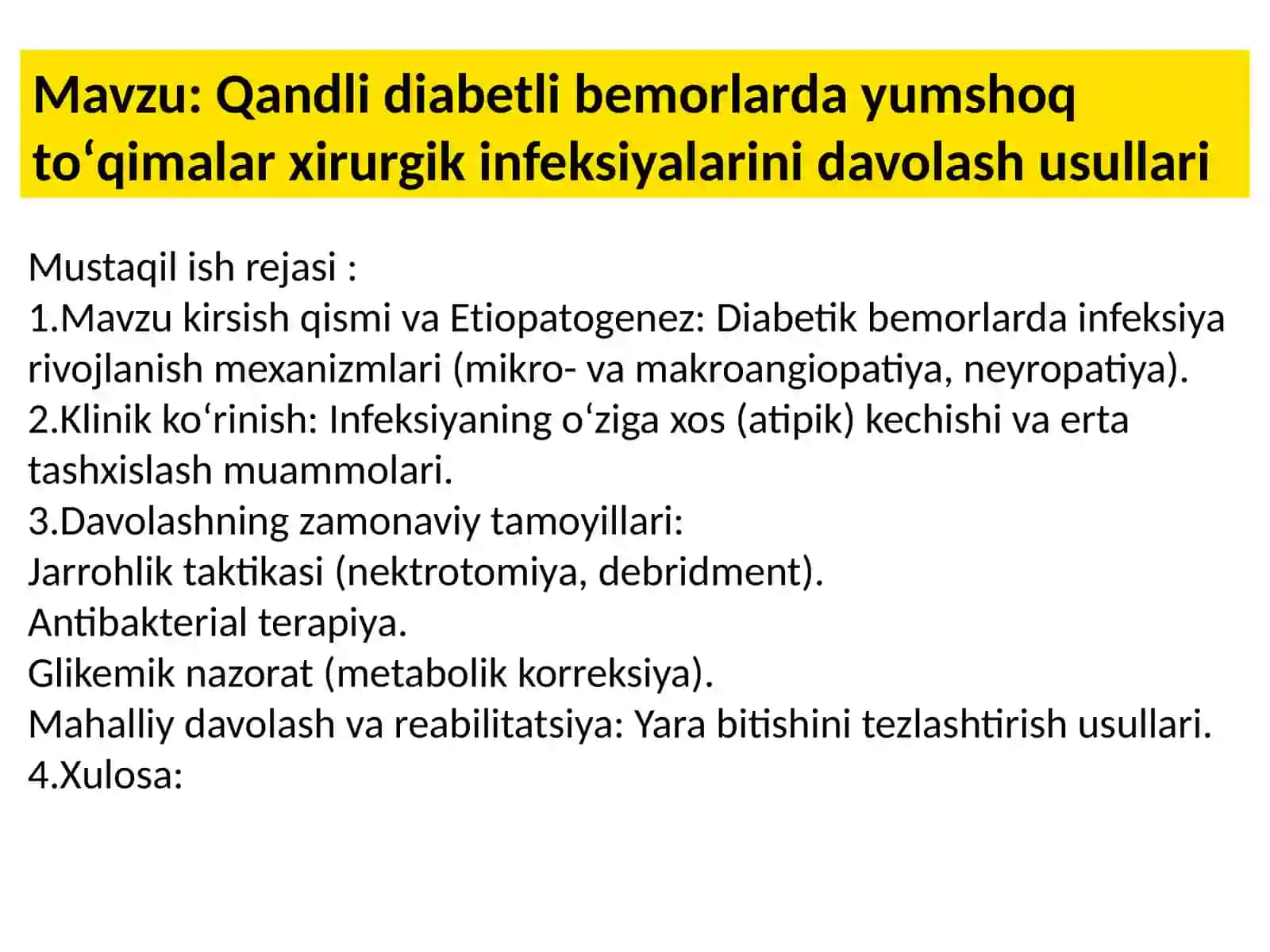 Qandli diabetli bemorlarda yumshoq toʻqimalar xirurgik infeksiyalarinidavolash usullari 2