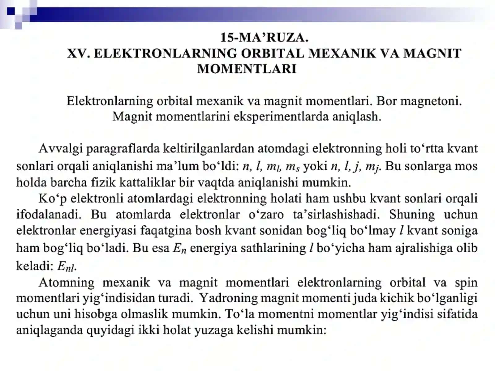 ELEKTRONNING ORBITAL MEXANIK MOMENTI 2