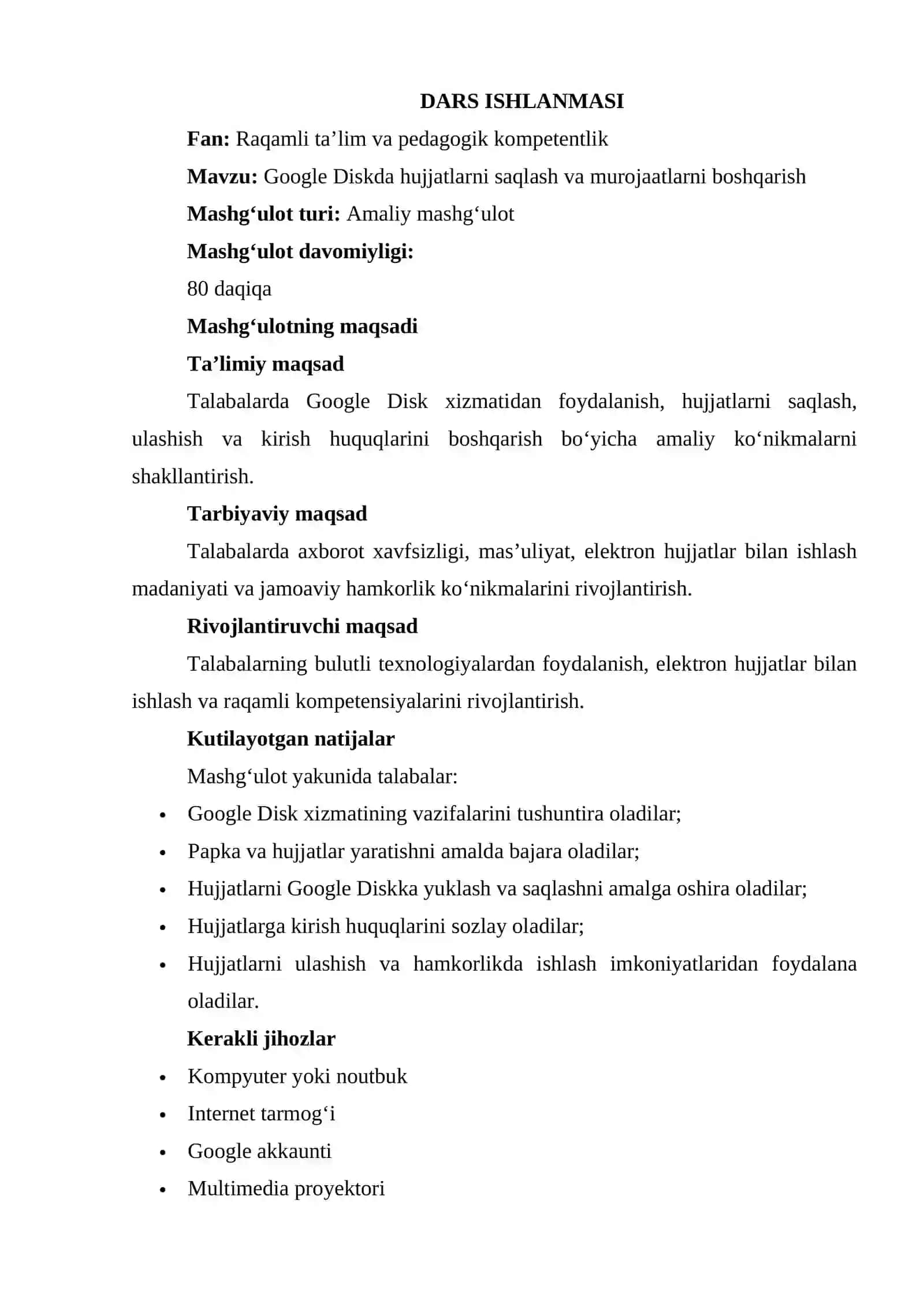 Google Diskda hujjatlarni saqlash va murojaatlarni boshqarish mavzusida dars ishlanmasi 2