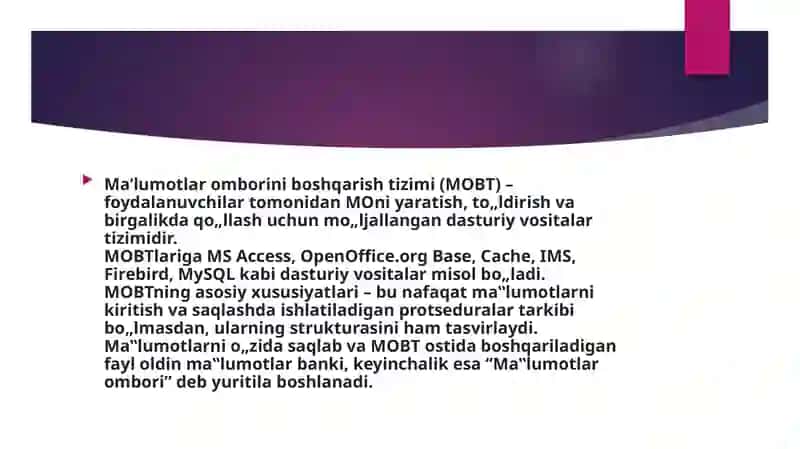 Ma’lumotlar ombori boshqarish tizimi 2