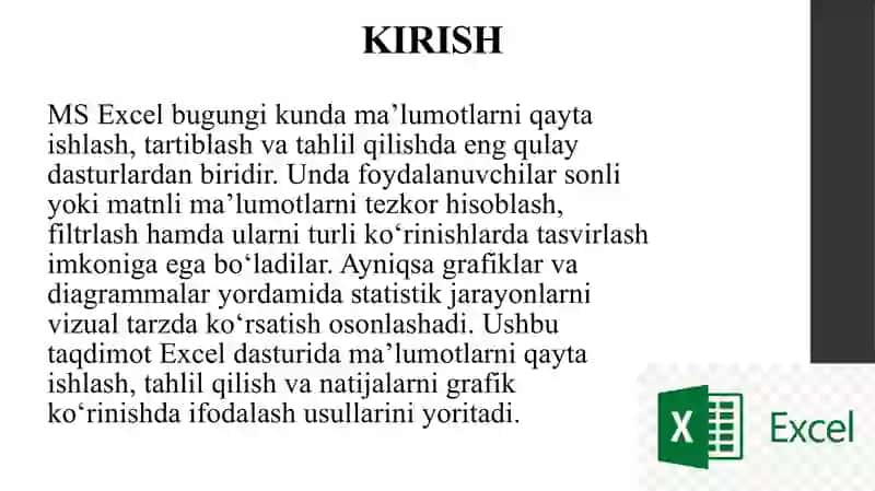 MS Excelda ma’lumotlarni qayta ishlash, natijalarni tahlil qilishda grafika va diagrammadan foydalanish 2