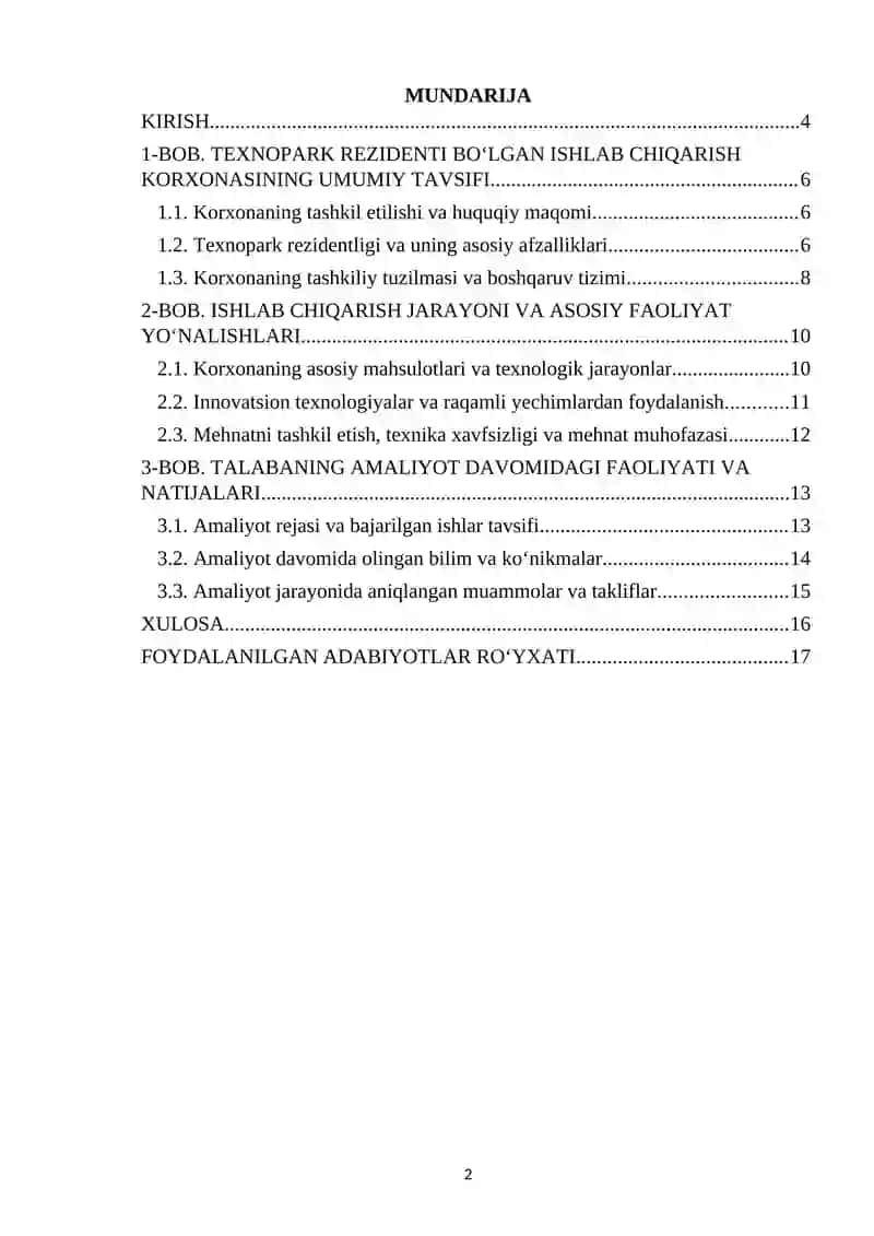 “Texnopark rezidenti bo‘lgan ishlab chiqarish korxonasida amaliyot hisoboti” Batafsil ma'lumot pastda. 2