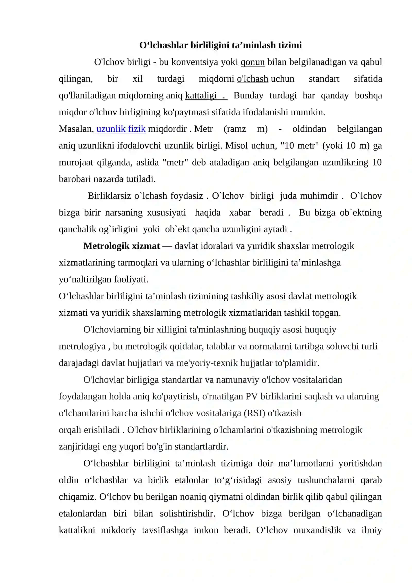 O`lchashlarning yagona birligini ta’minlash tizimi 2