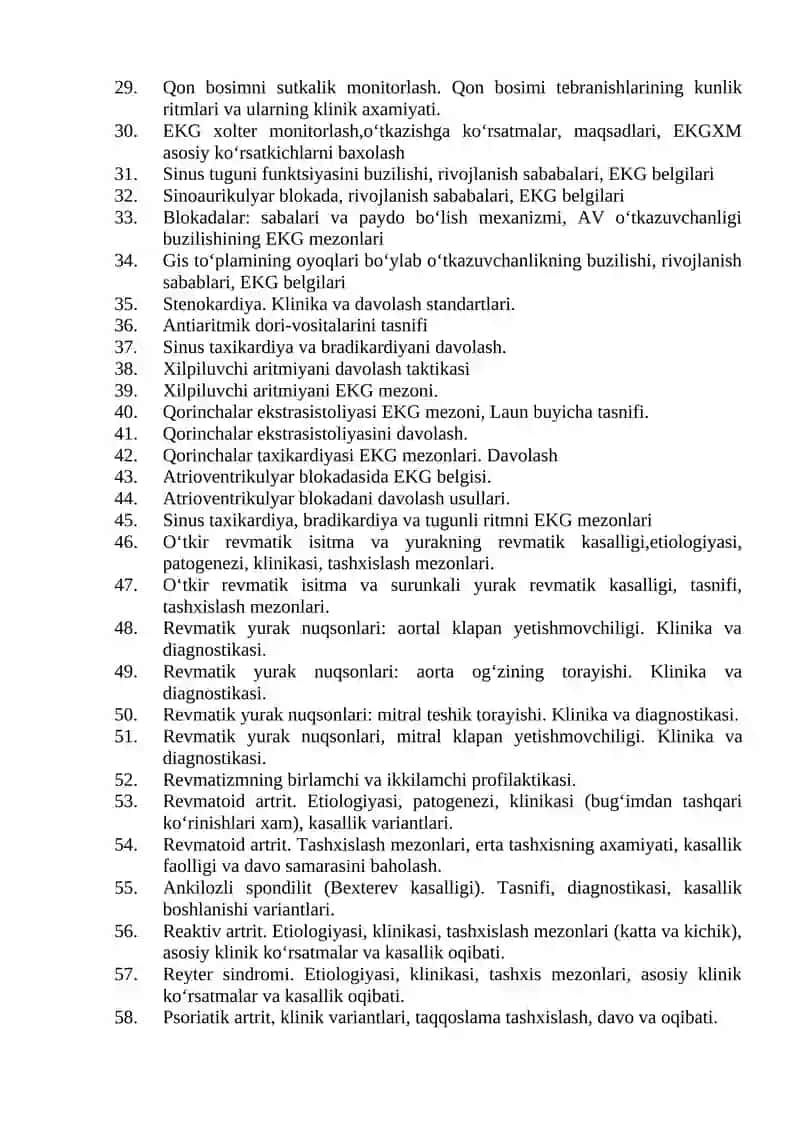 Terapiya (ichki kasalliklar) mutaxassisligi bo'yicha shakllantirilgan og'zaki savollar ro'yxati 2