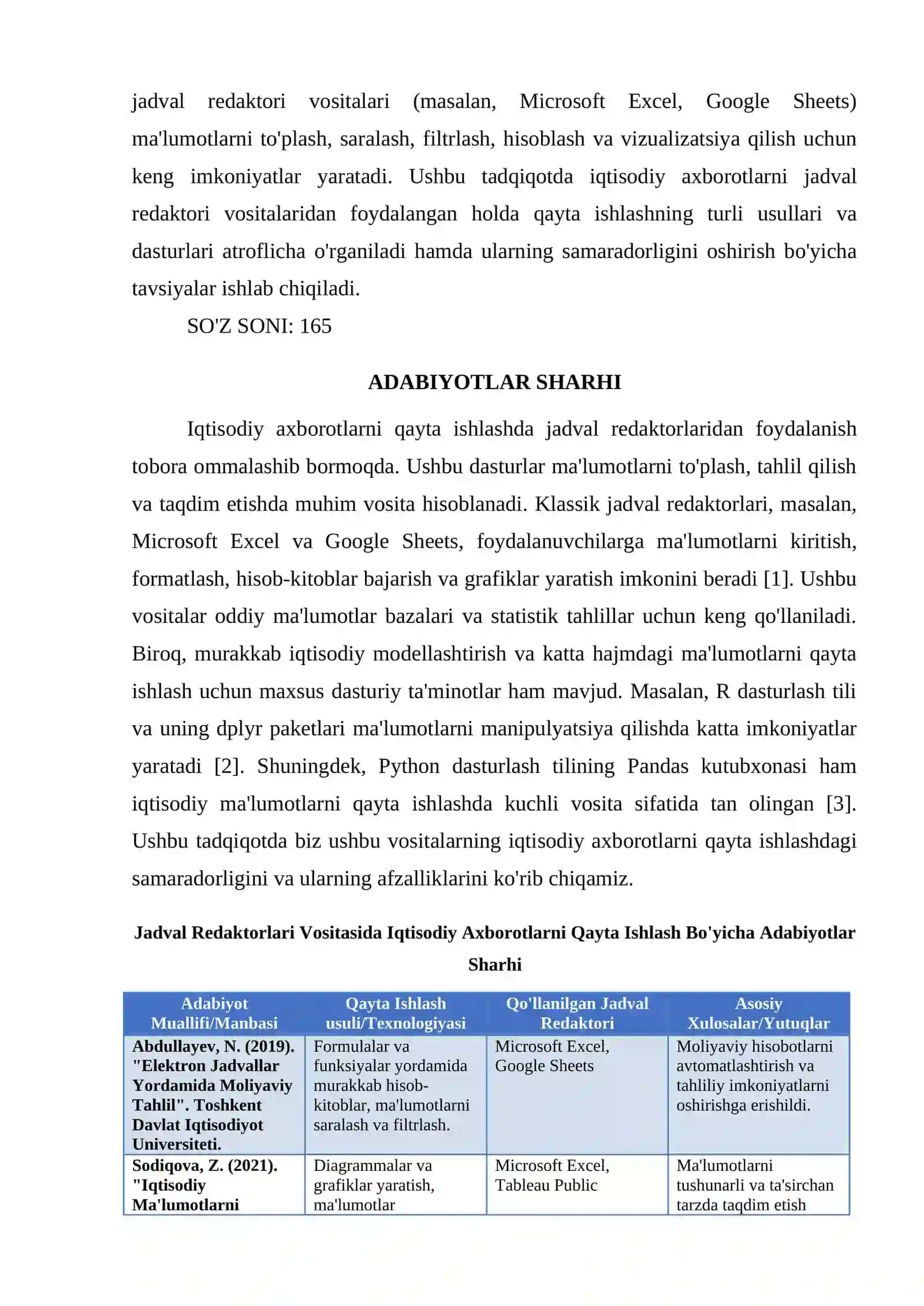 IQTISODIY AXBAROTLARNI JADVAL REDAKTORI VOSITALARIDAN FOYDALANGAN HOLDA QAYTA ISHLASH DASTURLARI 2