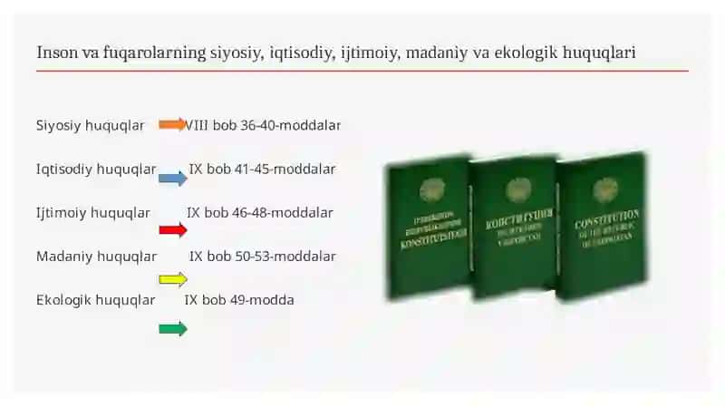Inson va fuqarolarning siyosiy, iqtisodiy, ijtimoiy, madaniy va ekologik huquqlari. Fuqarolarning burchlari. 2