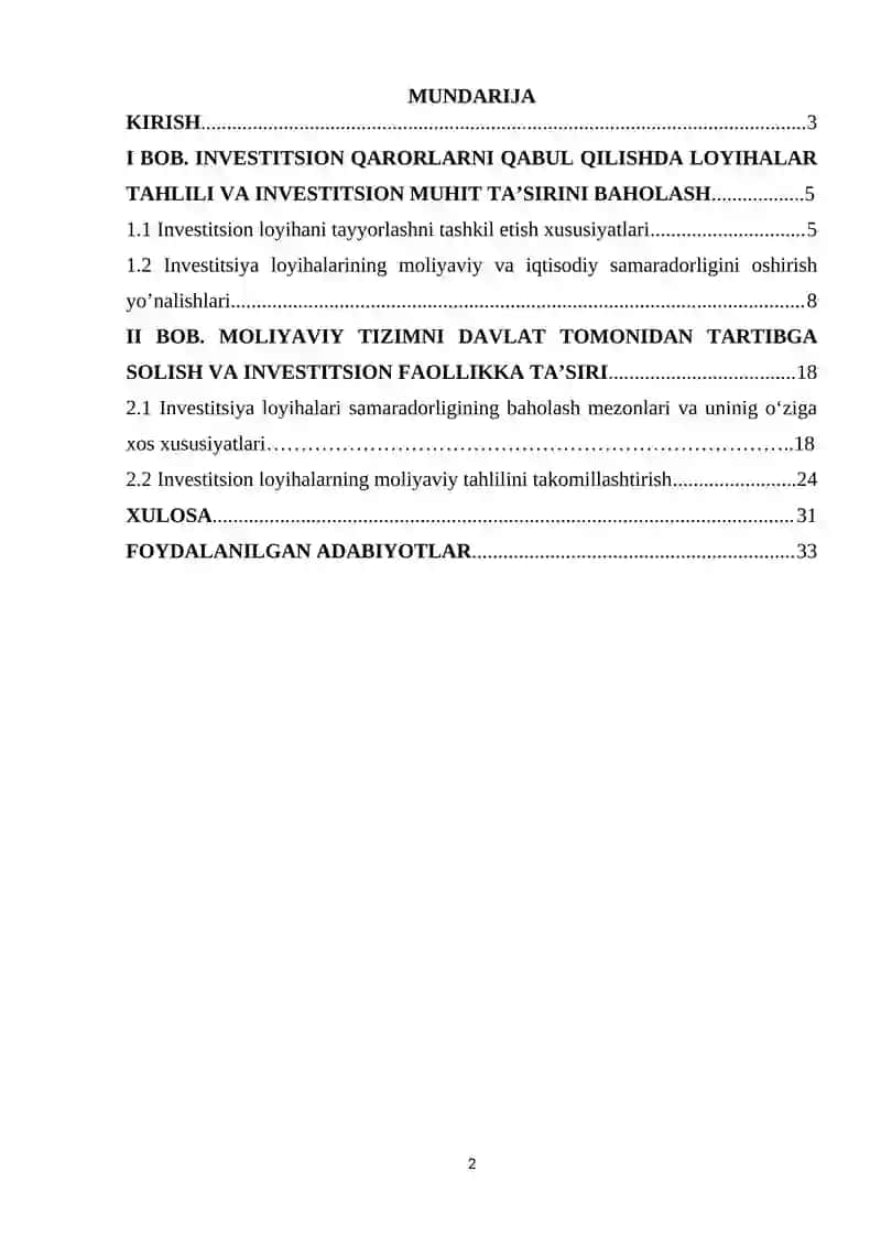 Investision loyihalar moliyaviy tahlili mohiyati 2