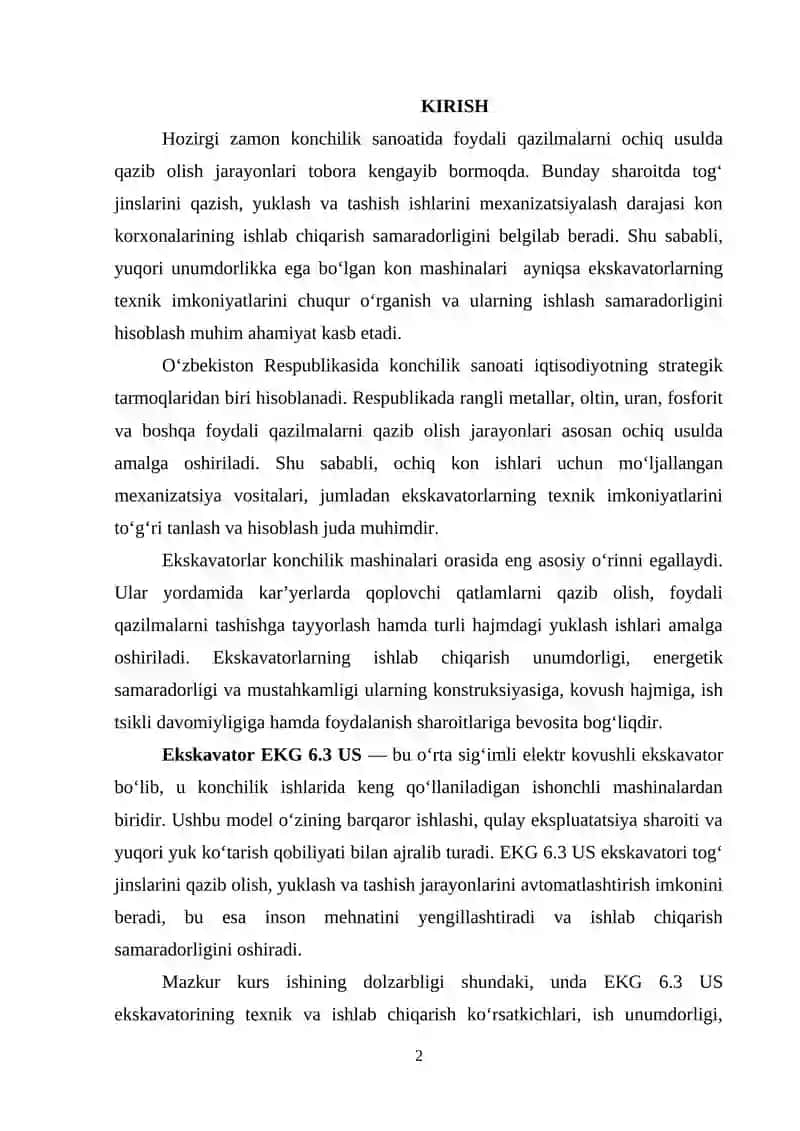 EKSKAVATOR EKG 6.3 US HAQIDA UMUMIY MA’LUMOTLAR HAMDA UNING VAZIFALARI 2