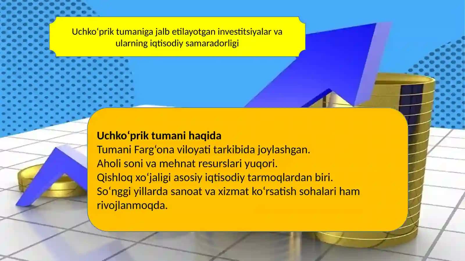 Uchko‘prik tumaniga jalb etilayotgan investitsiyalar va ularning iqtisodiy samaradorligi 2