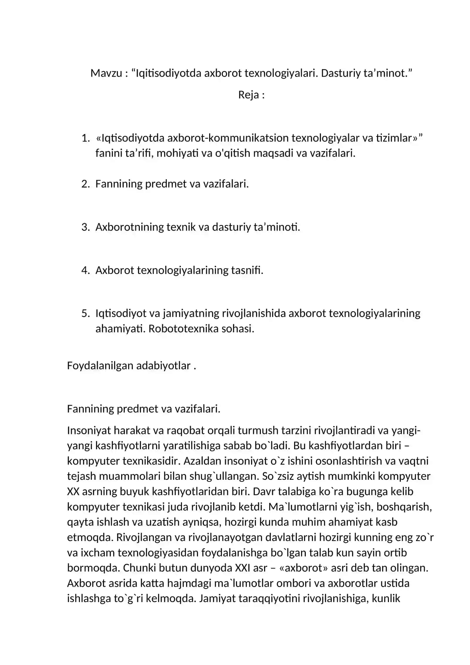 "Iqitisodiyotda axborot texnologiyalari. Dasturiy ta’minot." 2