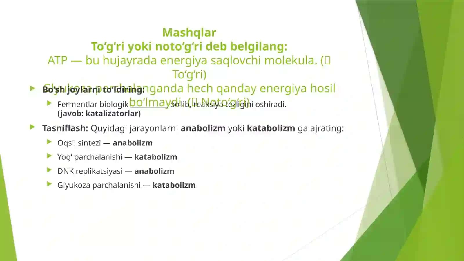 Metabolizmga oid masalalar va mashqlar tuzish 2