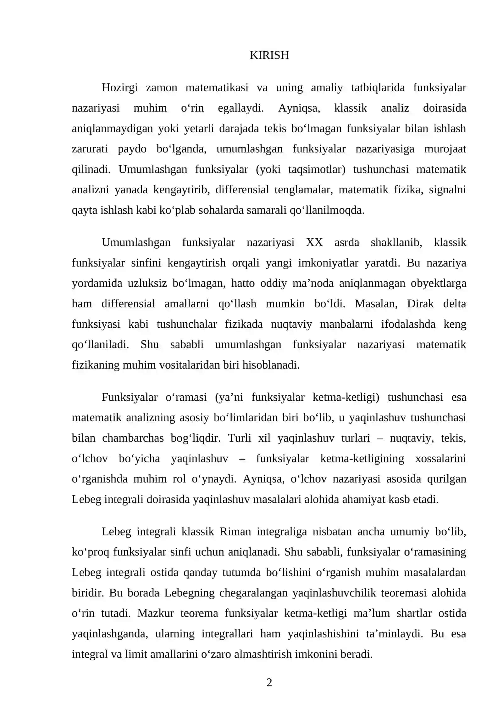 Umumlashgan funksiyalar o'ramasi . Chegaralangan yaqinlashuvchilik haqida Lebeg teoremasi 2