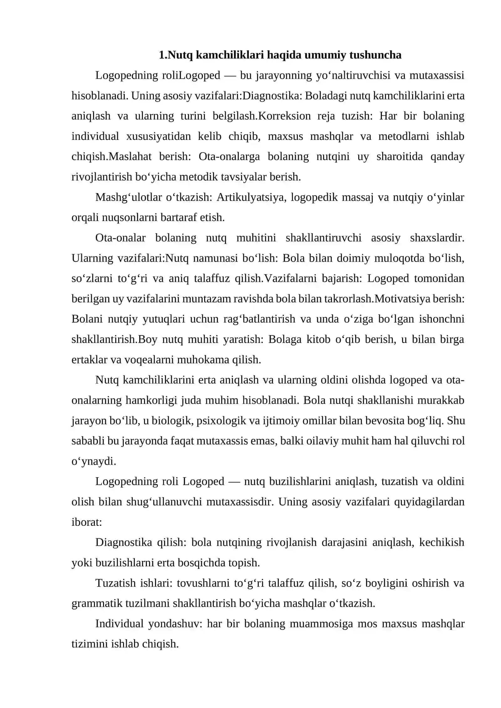 NUTQ KAMCHILIKLARINI OLDINI OLISH BO'YICHA LOGOPED VA OTA-ONALAR ROLI 2