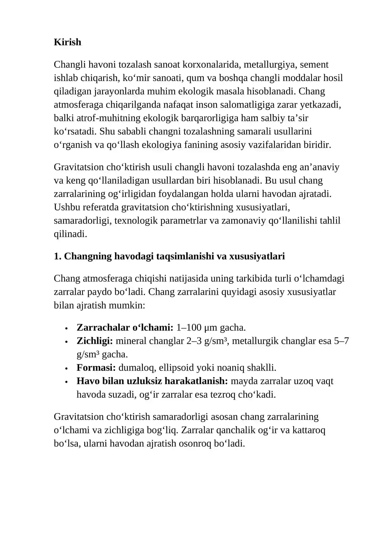 Changli havoni tozalashda gravitatsion cho‘ktirish xarakteristikasi 2