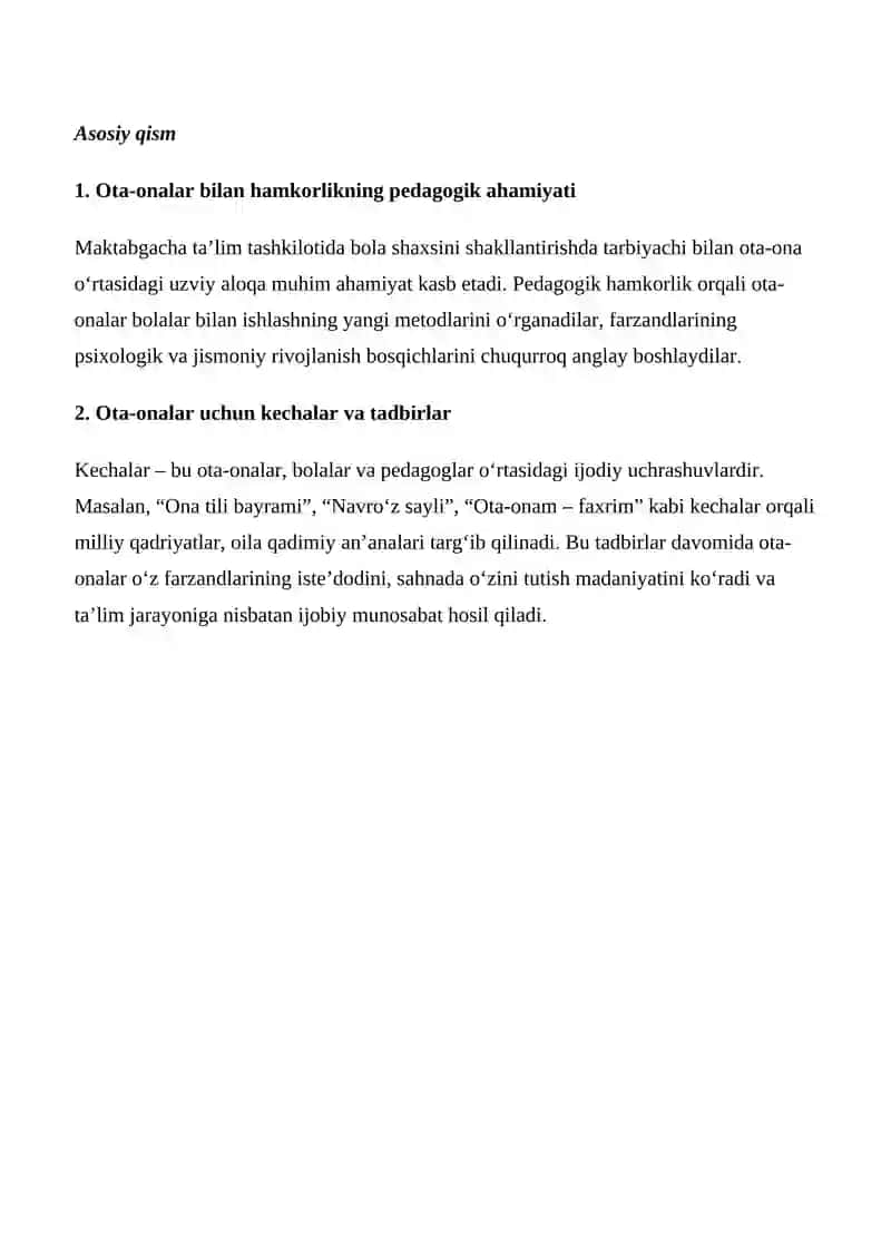 Maktabgacha ta’limda ota-onalar uchun kechalar va tadbirlar 2