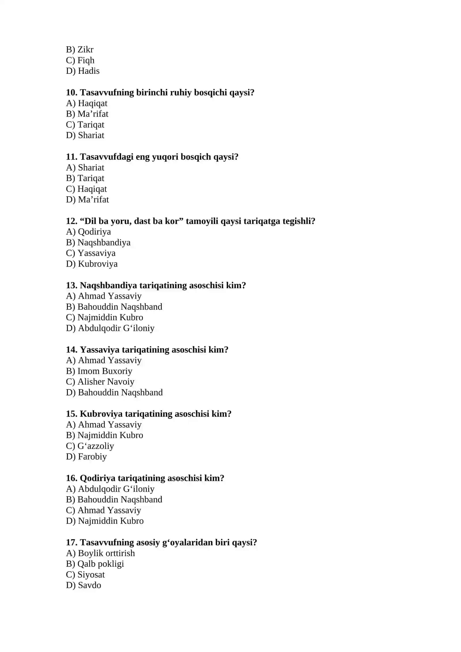 Tasavvuf ta’limoti (Test) 2