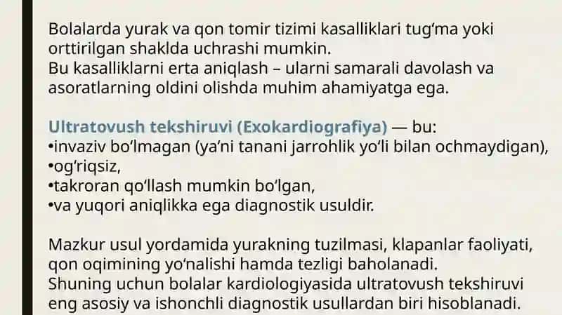 Bolalarda yurak va tomir tizimikasalliklarini ultratovush tekshirish usullari 2