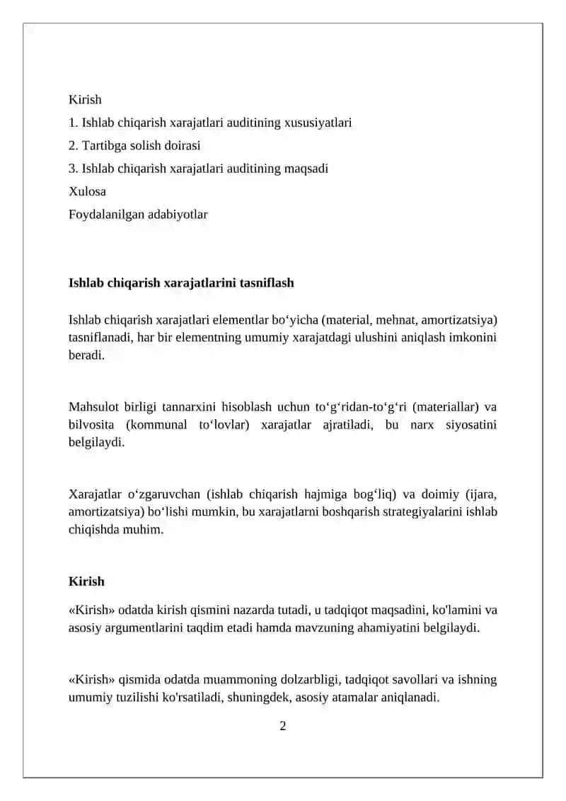 Ishlab chiqarish xarajatlari auditining maqsadi me'yoriy asoslari va xususiylari 2