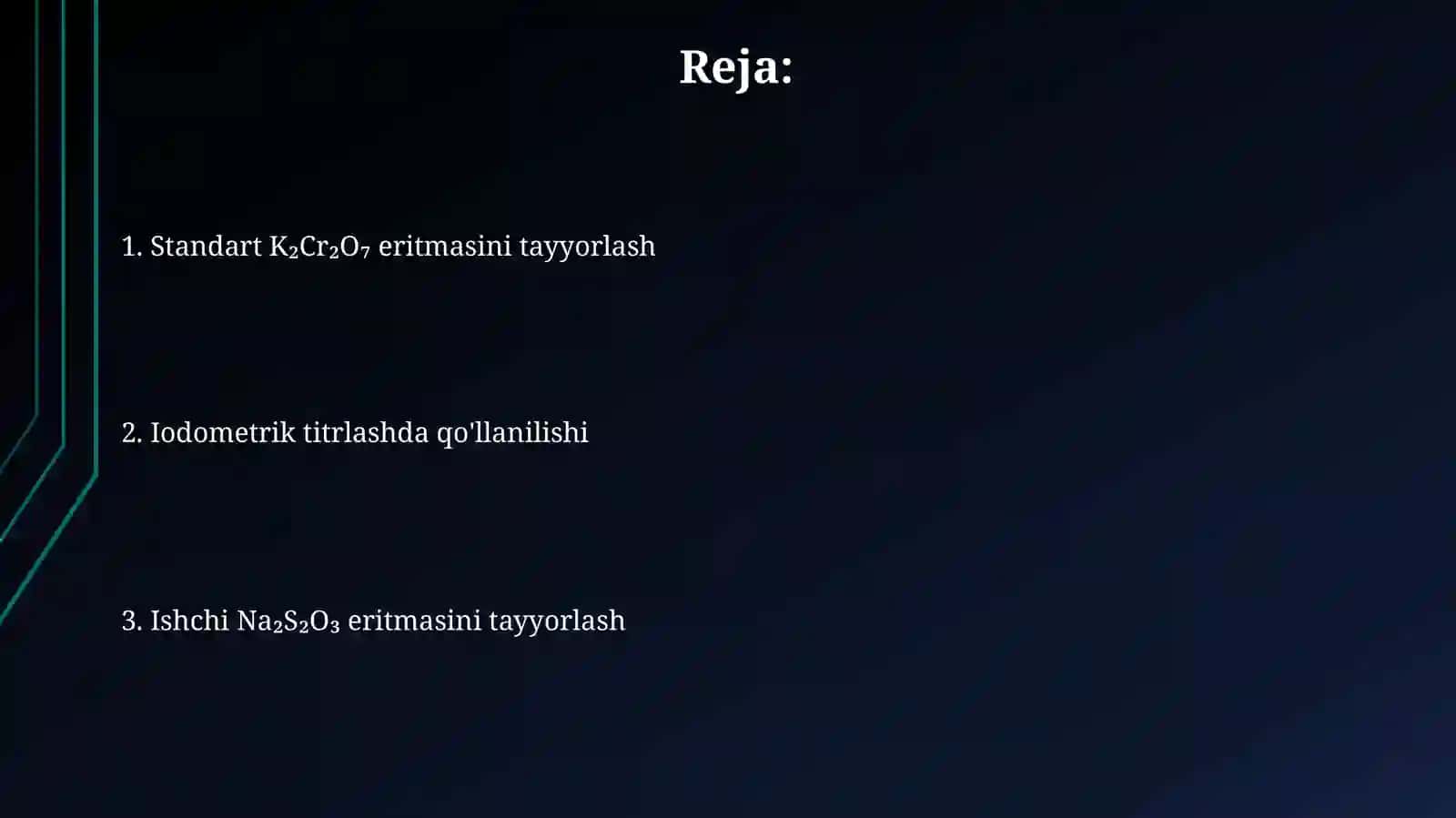 Iodometrik titrlash usulida standart K2Cr2O7 va ishchi Na2S2O3 eritmalarini tayyorlash 2