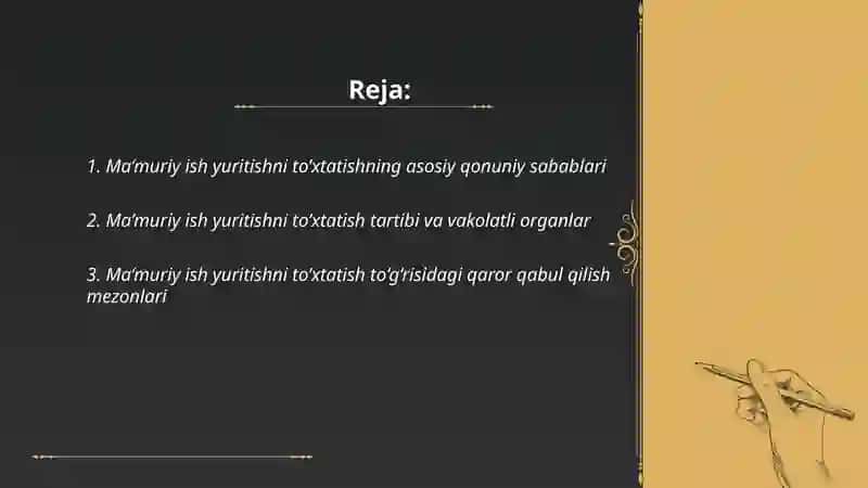 Ma’muriy ish yuritishni to’xtatib turish, tiklash va tugatish asoslari 2