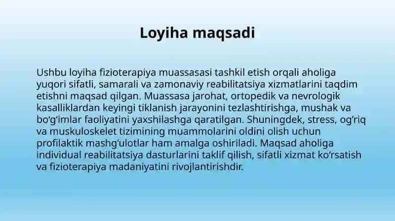 FIZIOTERAPIYA MUASSASASINI TASHKIL ETISH Marketing fani bo‘yicha loyiha ishi 2