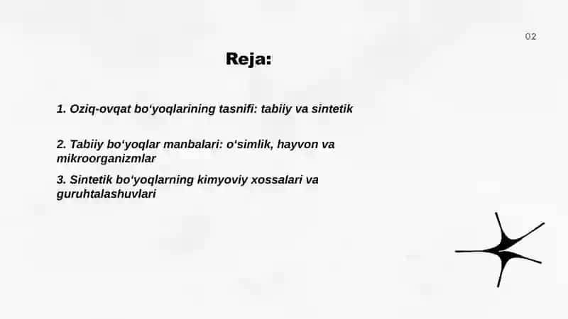 Oziq-ovqat mahsulotlariga rang beruvchi qoʻshimchalar( Boʻyoqlar) 2