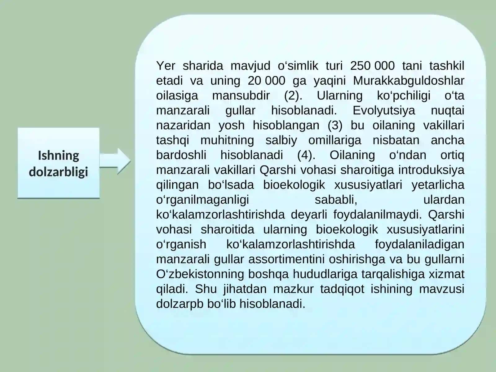 QARSHI VOHASIGA INTRODUKSIYA QILINGAN MURAKKABGULDOSHLAR OILASI VAKILLARINING BIOEKOLOGIK XUSUSIYATLARI 2