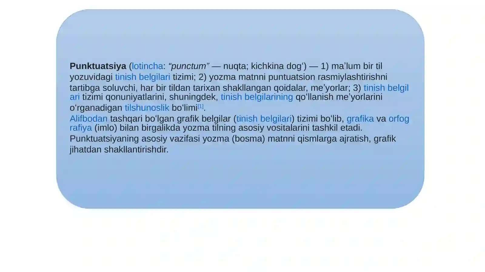 O’ZBEK TILINING TINISH BELGILARI, ULARNI MATNDA QO’LLASH HAQIDA TUSHUNCHA 2
