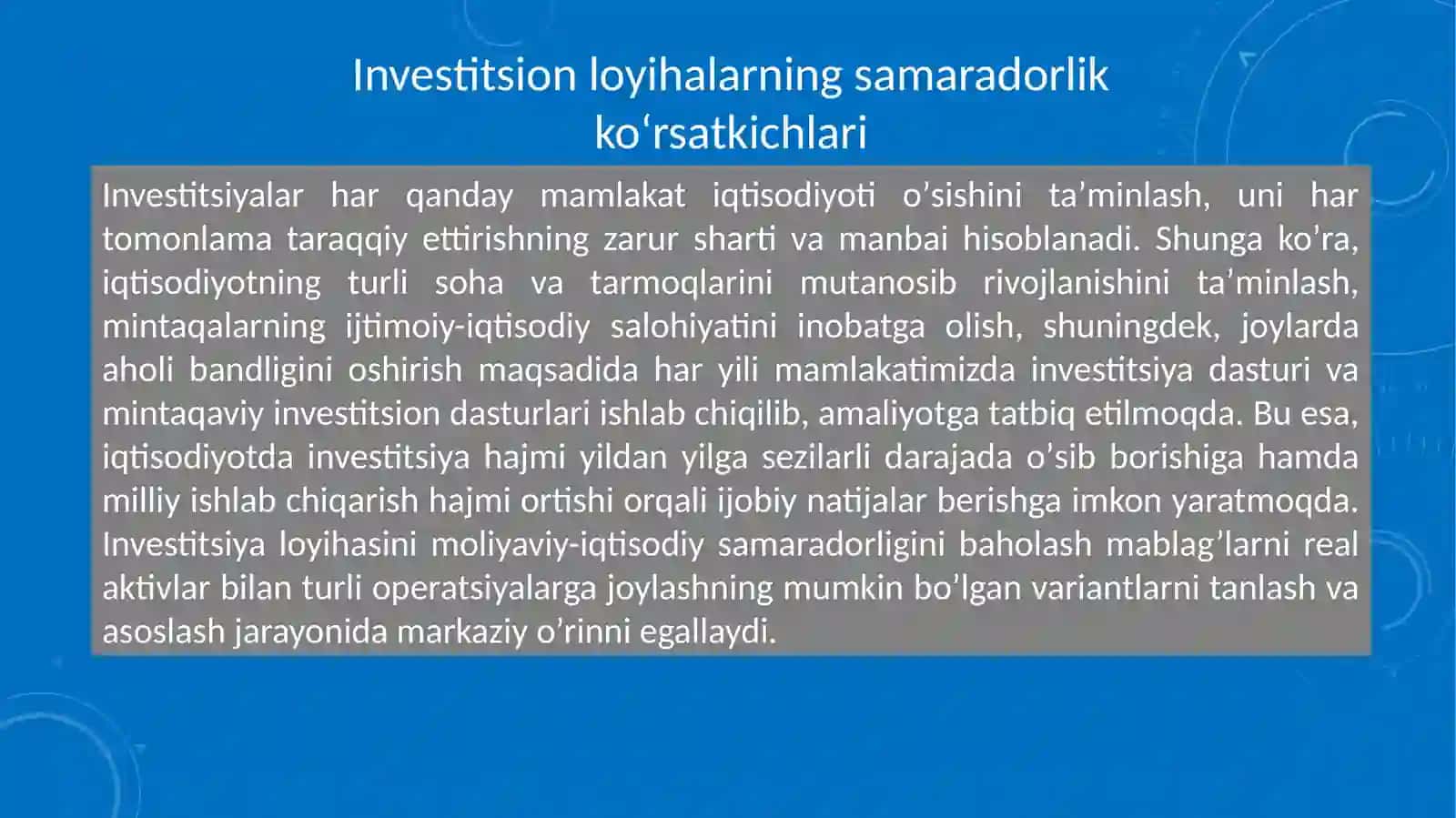 Korxonalar investitsion loyihalarining samaradorlik koʻrsatkichlari va uning taxlili 2