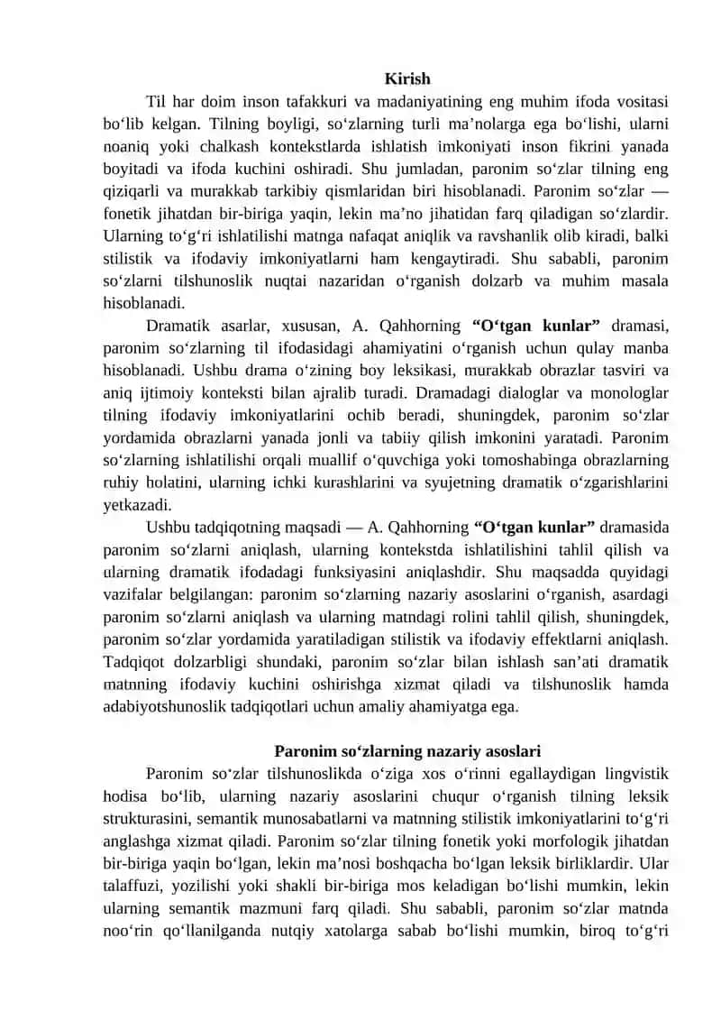 Dramatik asarlarda paronim soʻzlar O'tgan kunlar asari asosida 2