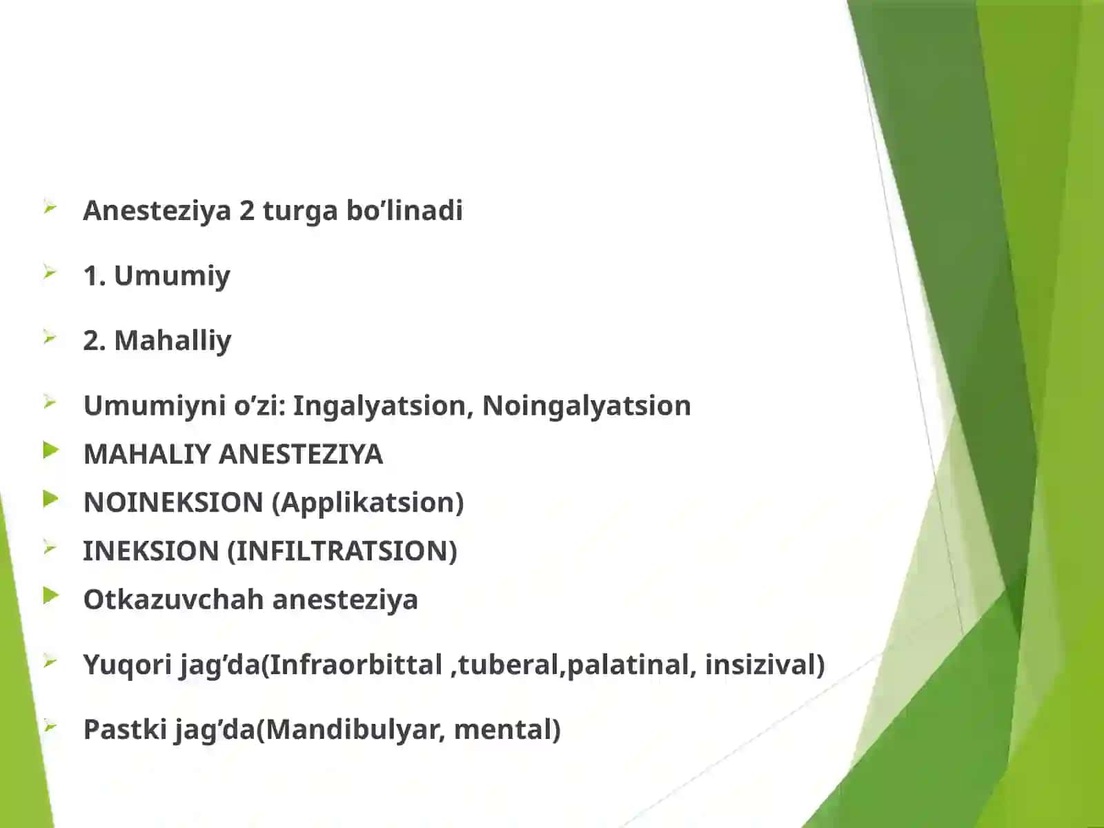 Xirurgik stomatologiya poliklinikasida qo'llaniladigan og'riqsizlantirish usullari 2