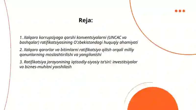 Korrupsiyaga qarshi kurash bo’yicha xalqaro qonunlar va qarorlarning O’zbekistonda ratifikatsiya qilishning ahamiyati, iqtisodiy-siyosiy va ijtimoiy huquqiy mexanizmlari 2