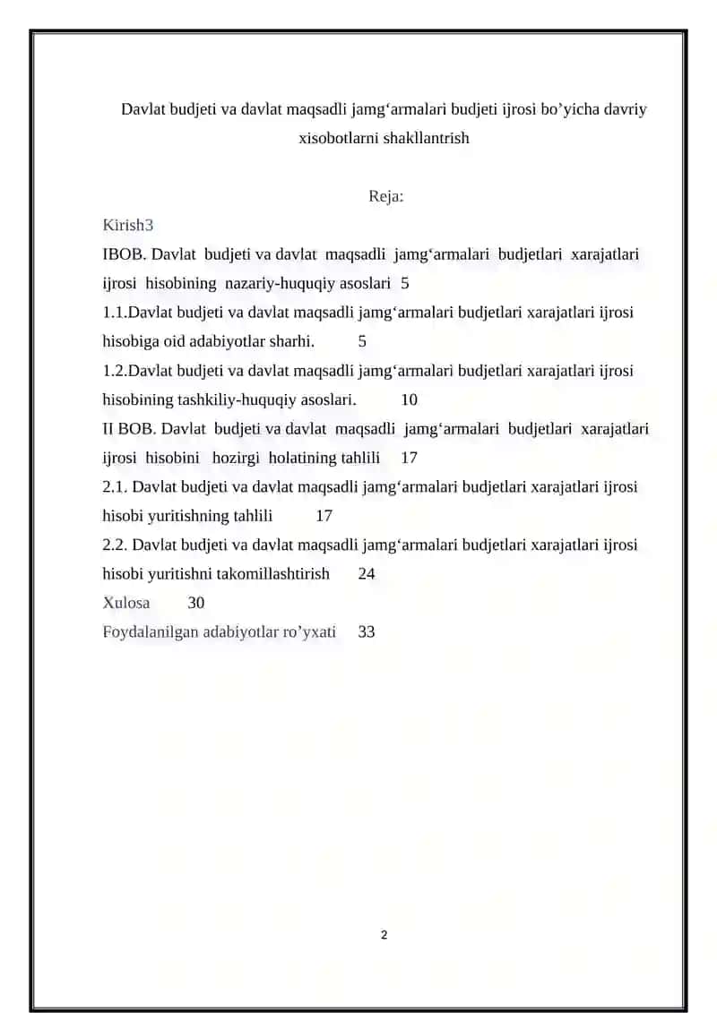 Davlat budjeti va davlat maqsadli jamg‘armalari budjeti ijrosi bo’yicha davriy xisobotlarni shakllantrish 2