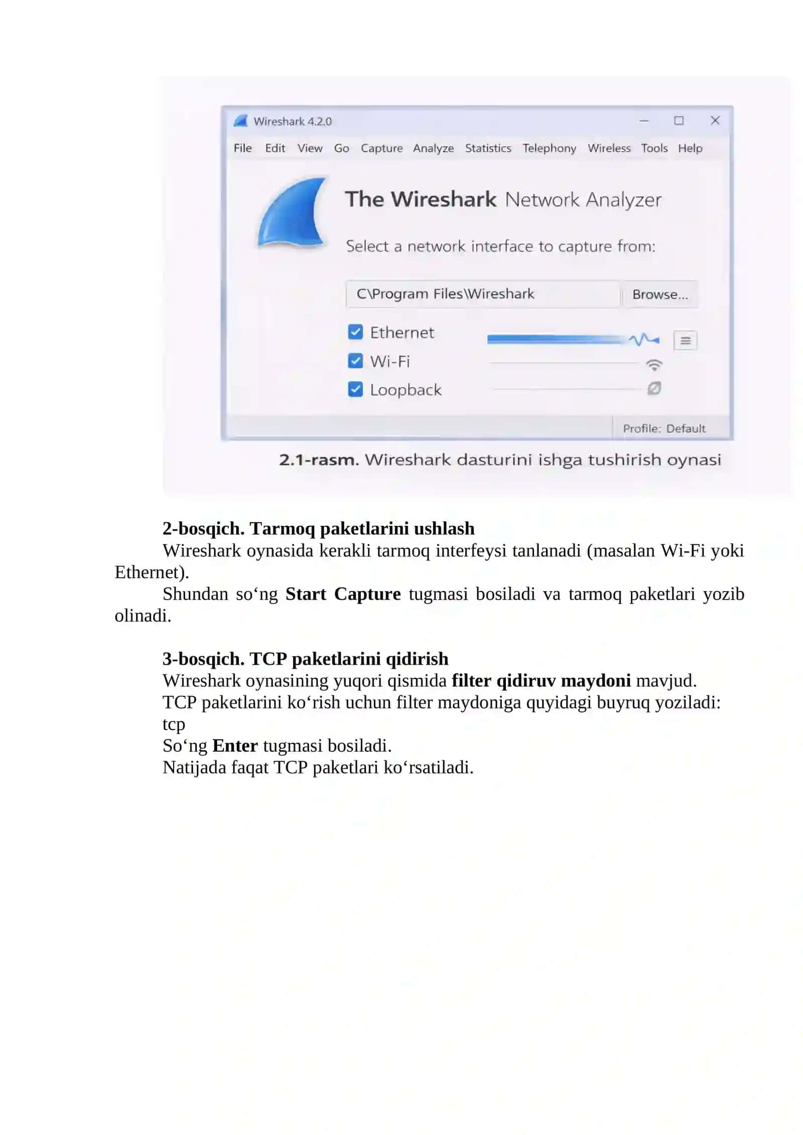 Wireshark ilovasi yordamida TCP paketini tahlillash 2