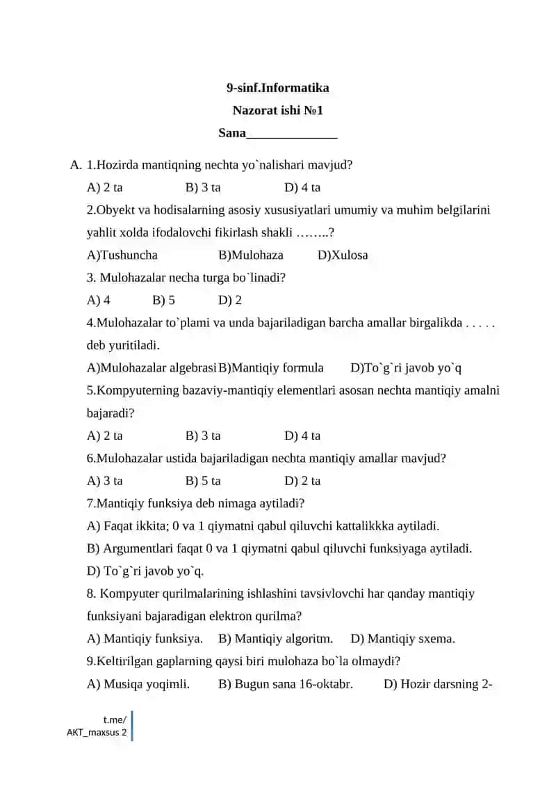 INFORMATIKA FANDAN NAZORAT ISHLARI DAFTARI 2