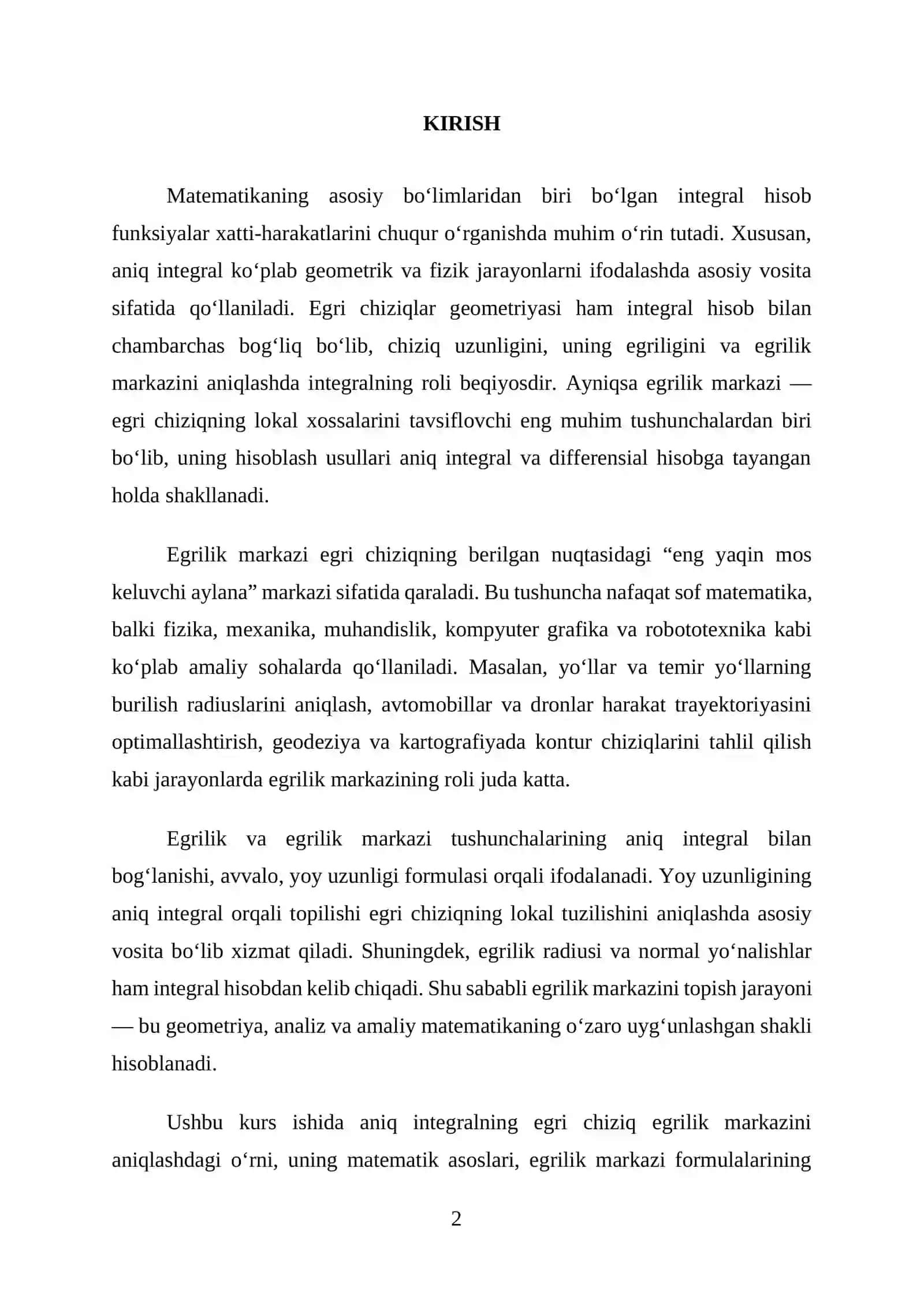 Aniq integralning egri chiziqning egrilik markazini topishga qoʻllanilishi 2
