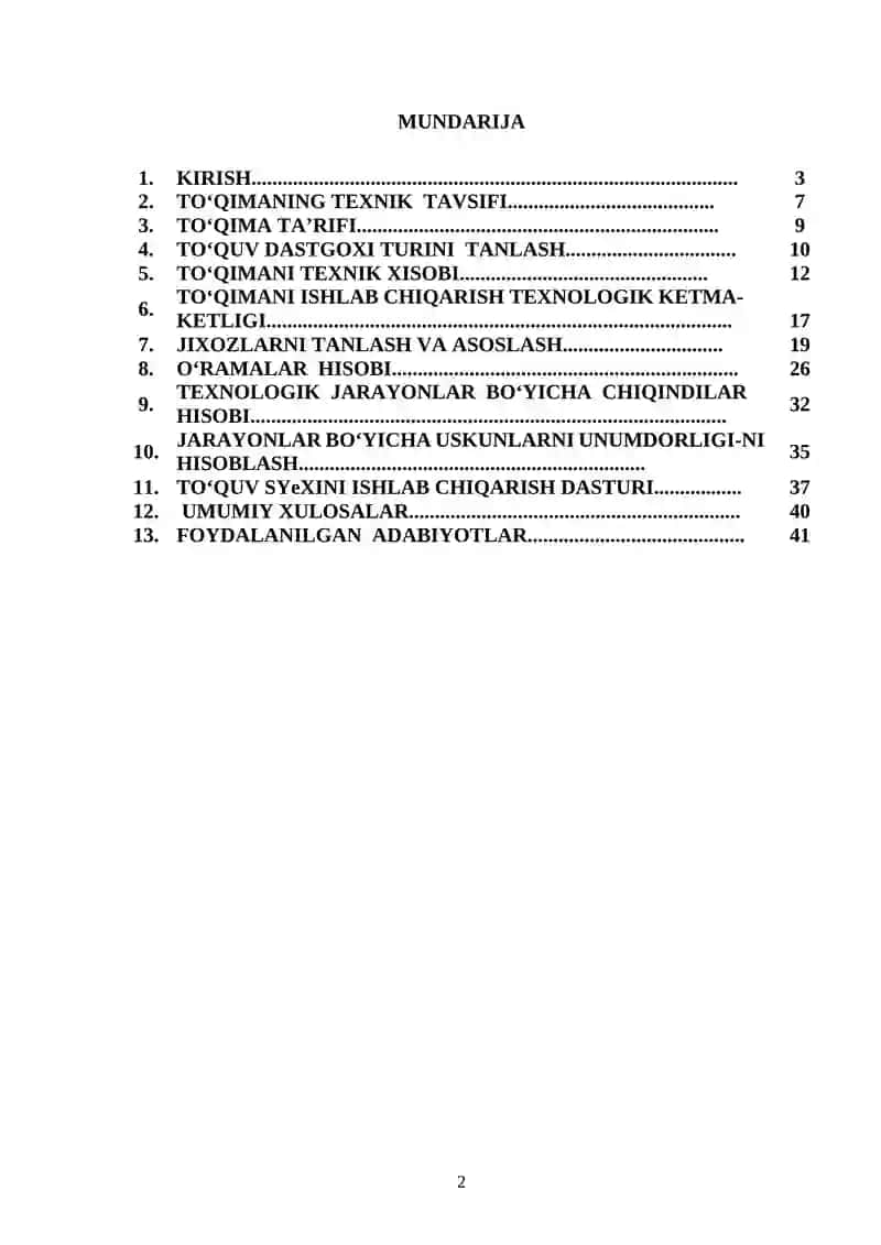 Yillik ishlab chiqarish quvvati 2,5mln. pagonometr  bo’lgan artikuli 3145 “Diagonal’’ to’qimasini ishlab chiqarish texnologik jarayonlar loyihasi 2