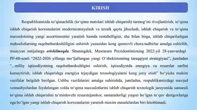 Quvvati 20 ta to‘quv dastgohga ega bo‘lgan art 1402 “Batist” to‘qimasini ishlab chiqarish uchun zamonaviy texnologik jarayonlar loyihalansin 2