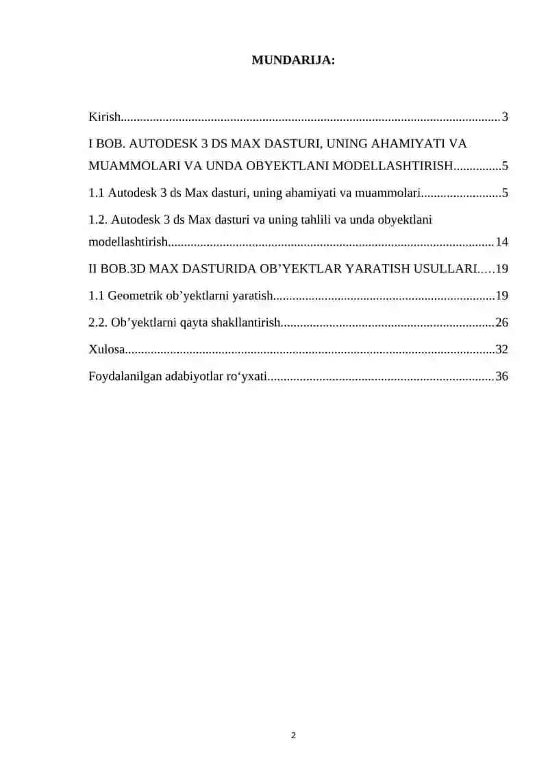 Kurs ishi:  3D MAX dasturi bilan ishlashning qo’shimcha imkoniyatlari 2