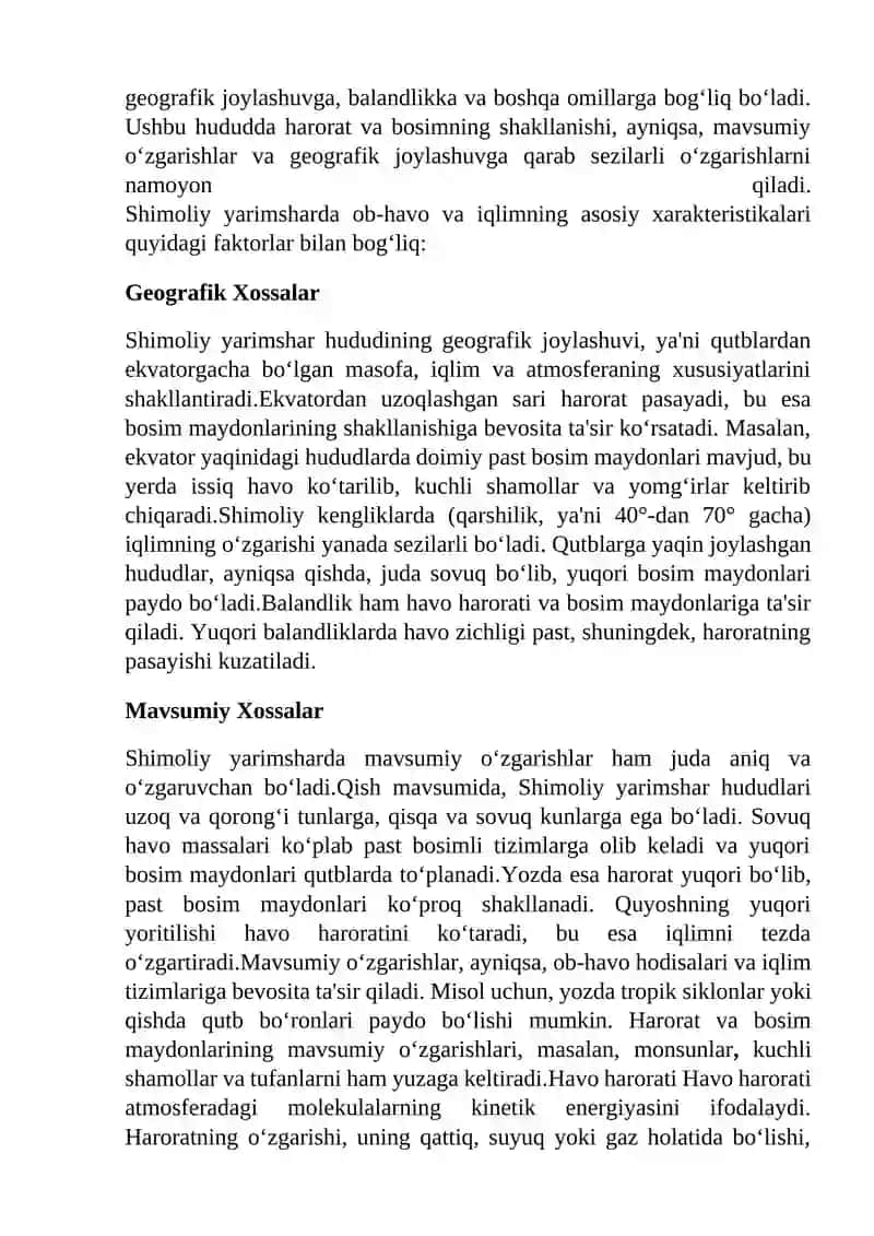 Shimoliy yarimsharda havo harorati va bosim maydonlarining geografik va mavsumiy xossalari 2